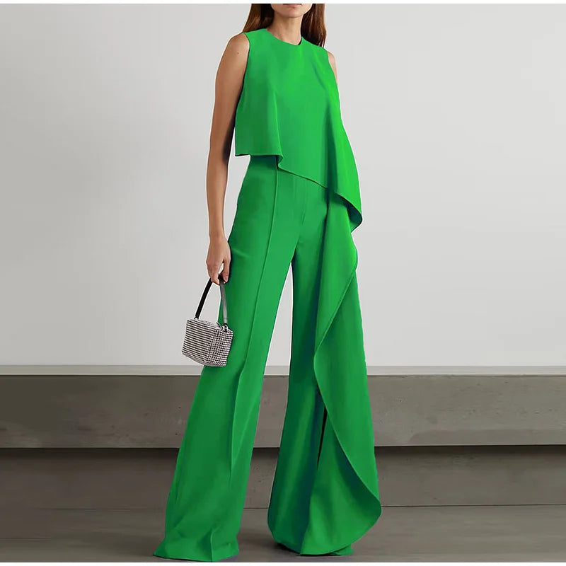 WW | Eleganter Weiter Jumpsuit mit Rüsche und Ohne Ärmel
