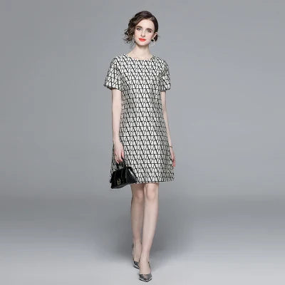 WW | Neue Mode Geometrie Jacquard Kurzarm Sommerkleid Chic Elegant Temperament A-Linie Rundhalskleid Frauen Vestidos