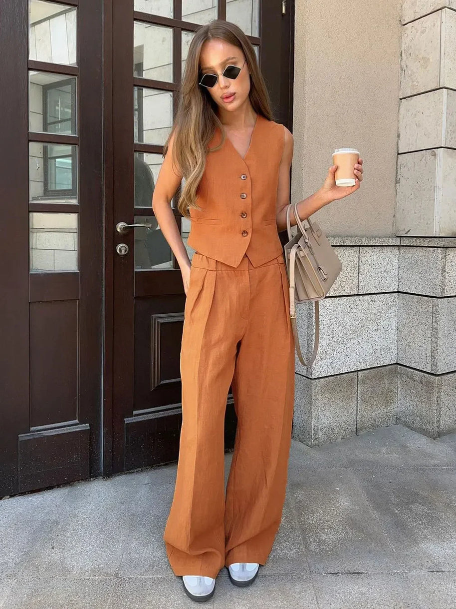 WW | Wollgefühl Frauen Leinen Baumwolle Schick Weste ＆ Hosen Set Zweiteiliges Set Büro Damen Sommer Schick 2 Teiliges Set Damen Outfits