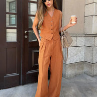 WW | Wollgefühl Frauen Leinen Baumwolle Schick Weste ＆ Hosen Set Zweiteiliges Set Büro Damen Sommer Schick 2 Teiliges Set Damen Outfits