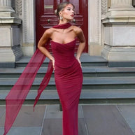 WW | Elegante Frauen 2 Teiliges Kleid Set Strapless Bodycon Crop Top und Maxi Rock Set Formelles Hochzeitsgast Festkleid
