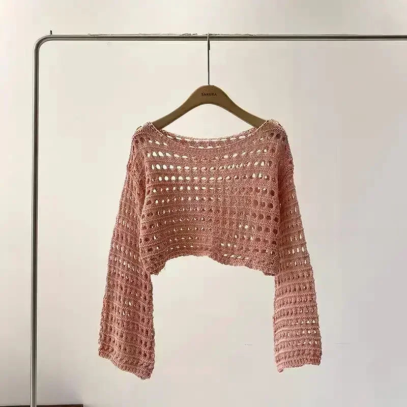 W&W Mode | Langes Gehäkeltes Strickoberteil für Frauen