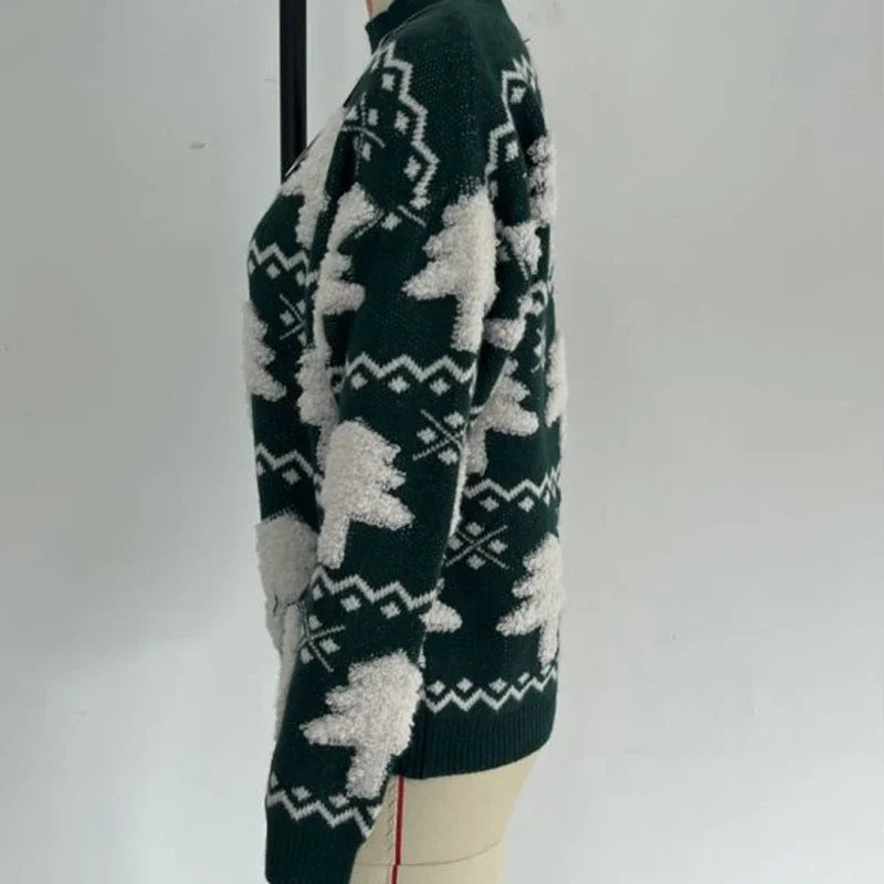 W&W Mode - Hässlicher Weihnachtspulli - Gestrickter Pullover mit 3D-Weihnachtsbaum-Print
