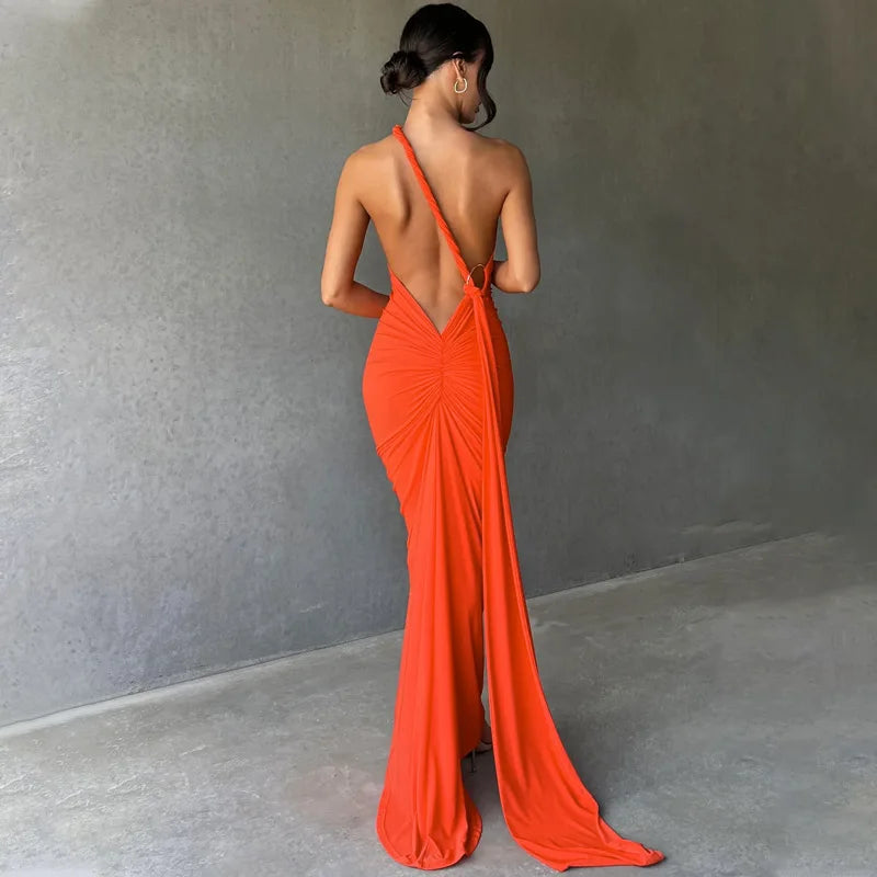 WW | Neue Mode Elegante Maxi Kleid für Frauen Sexy Ein Schulter Bodycon Slim Plissiert Einfarbig Rückless Kleider Fest Klub Kleidung