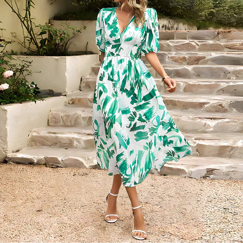 W&W Mode Floral Kleid | Modernes elegantes Maxikleid mit V-Ausschnitt und Blumen