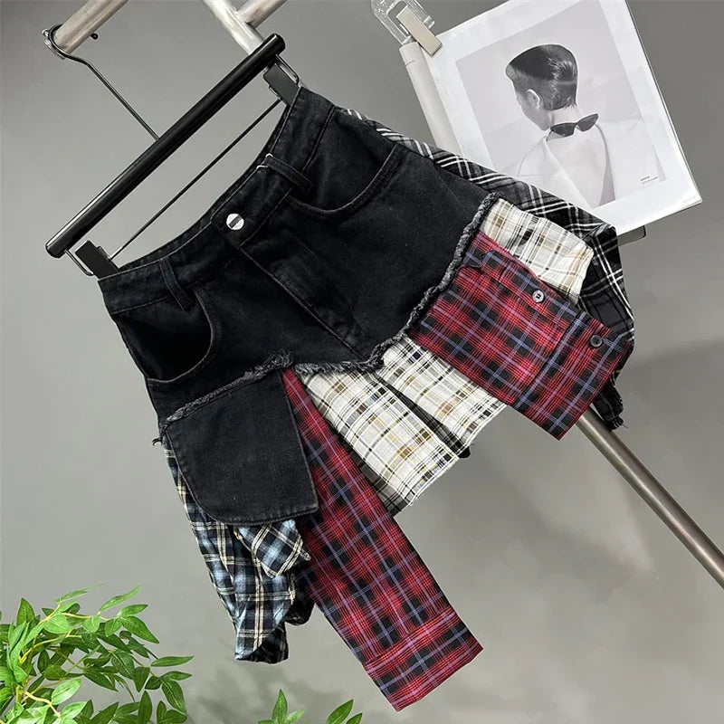 WW | Jahrgang Unregelmäßig Patchwork Kariert Röcke Denim Kurz für Frauen Hohe Taille Eingewickelt Hüfte Mini Rock Sommer Weiblich