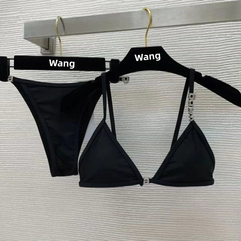 WW | Neuer Rhinestone Buchstaben Wang Strand Bikini Luxus Markendesigner Y2K Mode Sexy Frauen Strand Bikini Duo Set
