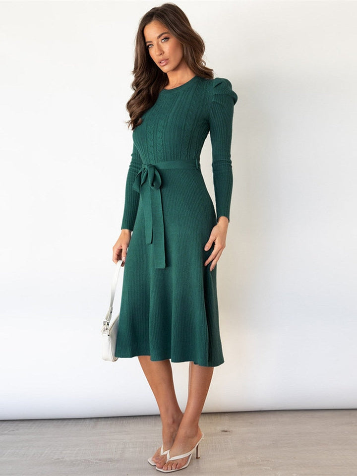 W&W Mode | Elegantes Gestricktes Midi Kleid Mit Gürtel Für Damen