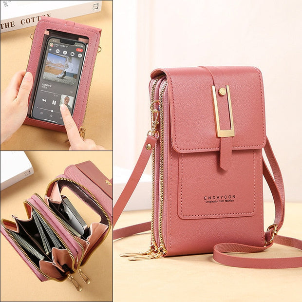 WW Leder Smartphone Clutch | Damen Handtasche mit Touchscreen-Fenster