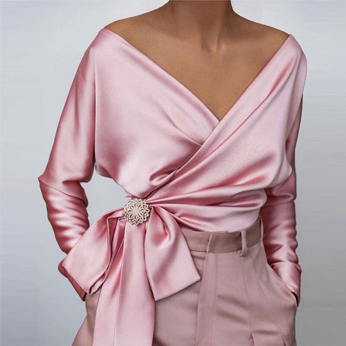 W&W Mode - Rosa Satin V-Ausschnitt Bluse