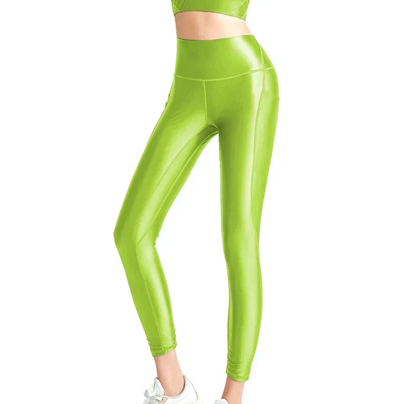 WW | Satin Glänzende Damen Bademode Weste Öl Hohe Taille Hose Glatte Fitness Gloss Yoga Lauf Sweatset Leggings