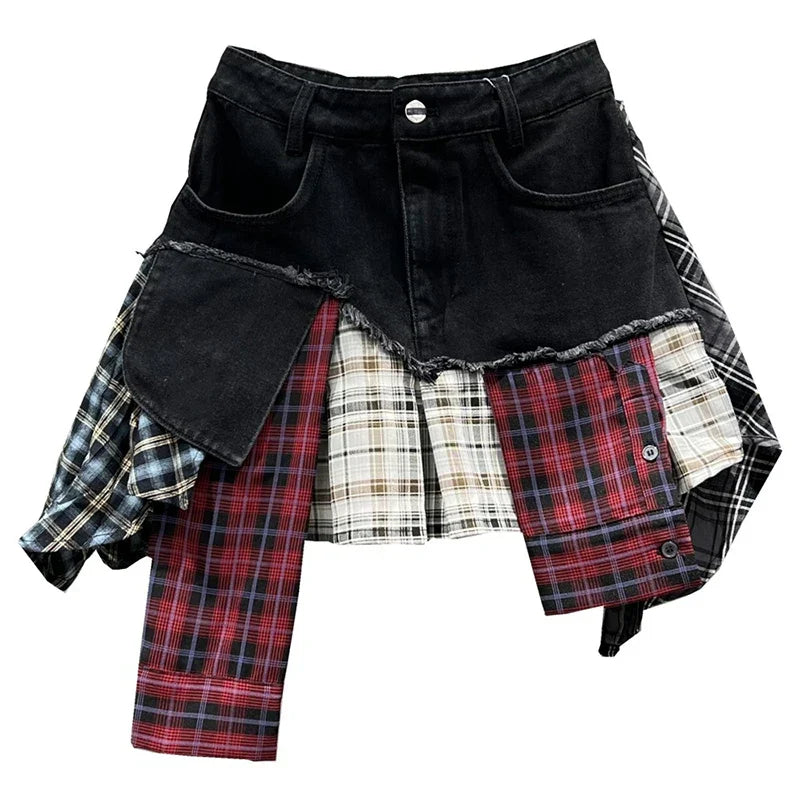 WW | Jahrgang Unregelmäßig Patchwork Kariert Röcke Denim Kurz für Frauen Hohe Taille Eingewickelt Hüfte Mini Rock Sommer Weiblich