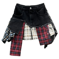 WW | Jahrgang Unregelmäßig Patchwork Kariert Röcke Denim Kurz für Frauen Hohe Taille Eingewickelt Hüfte Mini Rock Sommer Weiblich