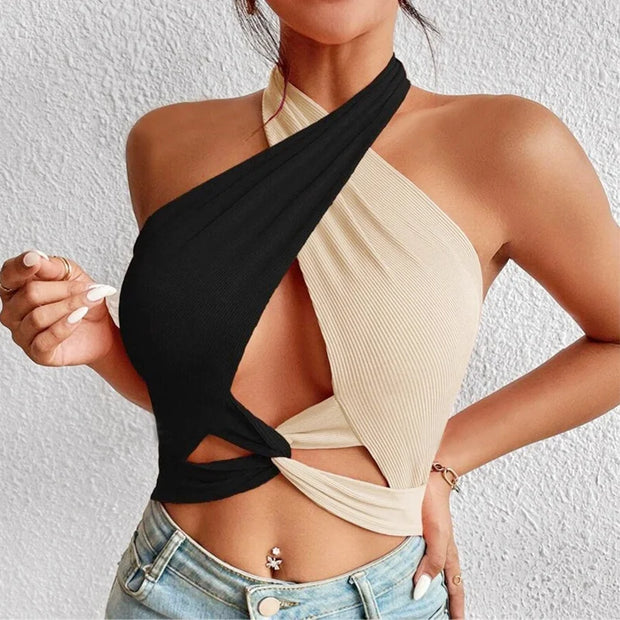 WW | Frauen Sommer Tank Tops Sexy Patchwork Cross Halterneck Träger Loch Crop Tops Hoch Street Wear Neue Mode