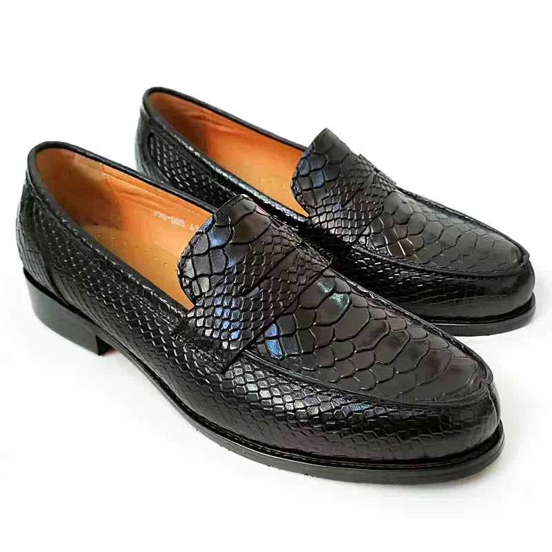 WW | Luxus Schwarze Lederloafers Mit Schlangenprint