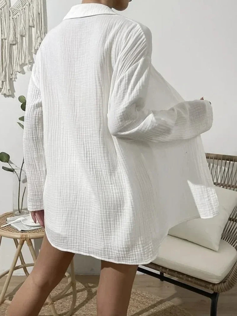 WW | 100% Baumwoll Gas Muslin Set für Frauen 2 Stück Langärmlige Hemden und Loose Hohe Taille Mini Shorts Set Ensemble Femme