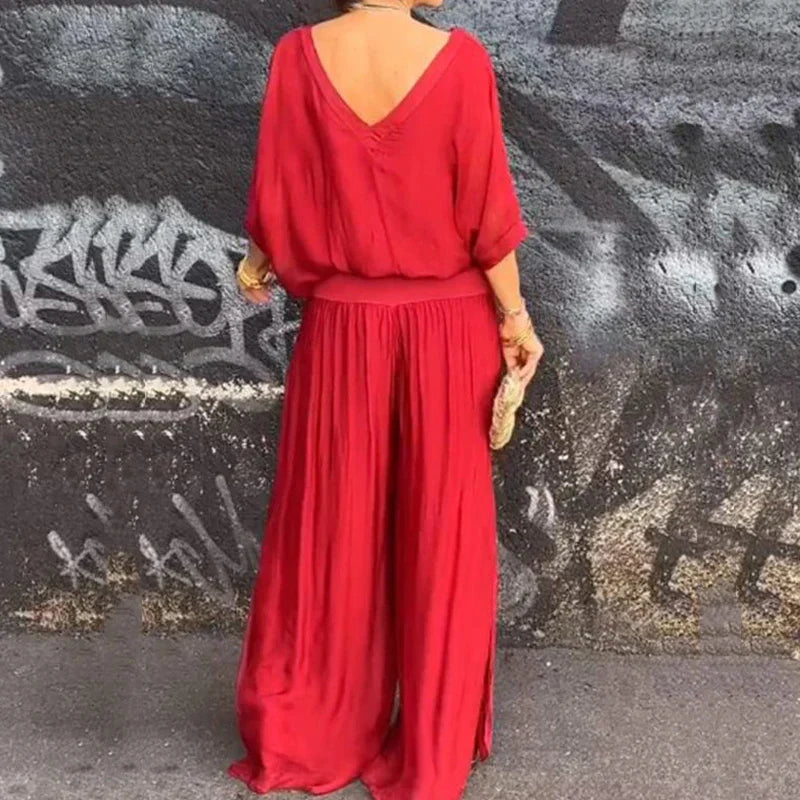 WW | Elegantes Zweiteiliges Set Aus Chiffonoberteil Und Hose Mit Weitem Bein