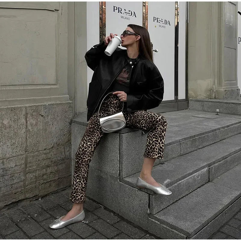 WW Leopard-Print-Jeans | Stylische schmale Streetwear Damenhose im Pencil-Stil