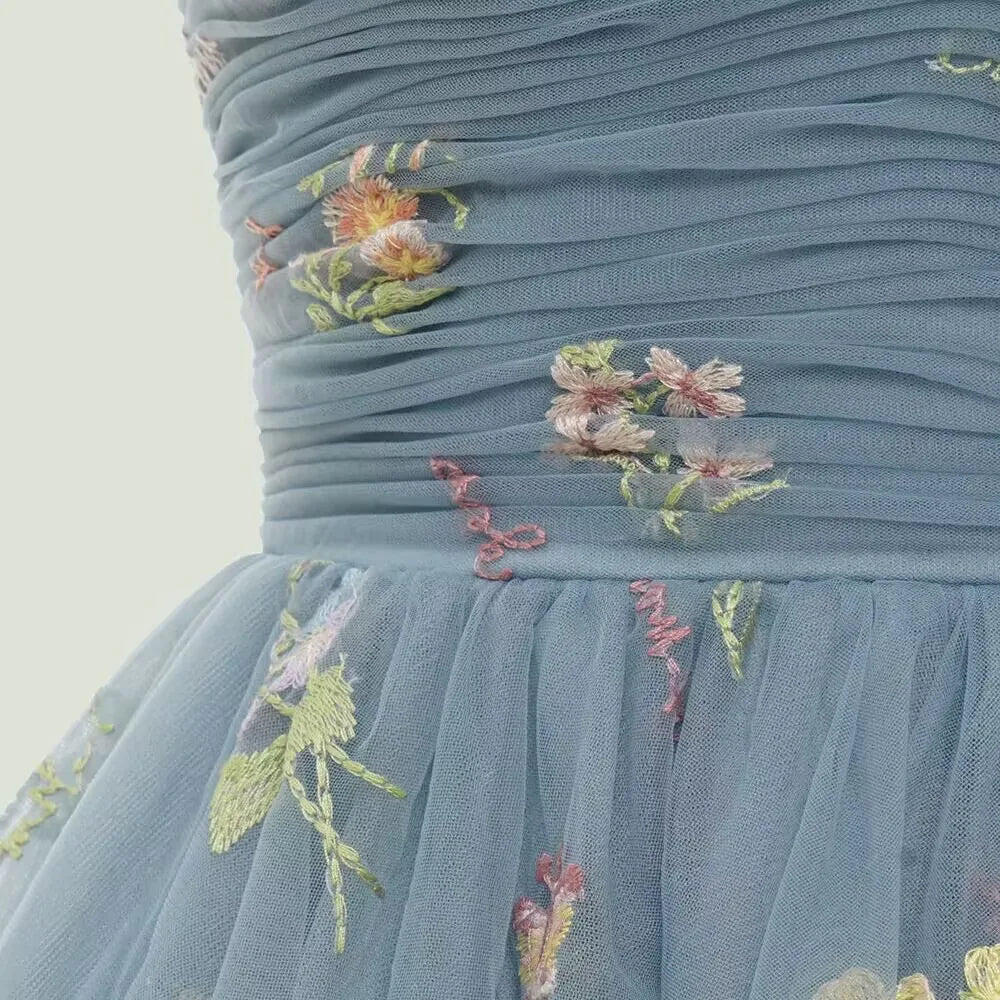 WW | Fairy Forest Green Kurze Prom Kleider Spaghetti-Träger Bunte Blumen Spitze Abend Feier