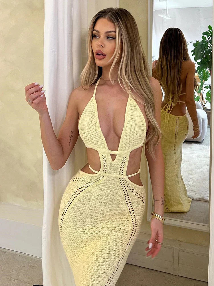 WW | Hollow Out Halter Sexy Mini Kleid Frauen Sommer Neu Ohne Ärmel Rückenfrei Enganliegend Klub Party Strick Tank Kleid Vestido