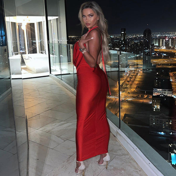 WW - Sexy langes Kleid mit V-Ausschnitt und Halterneck für Frauen