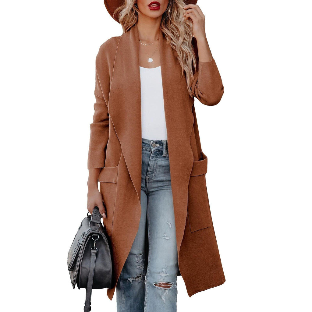 WW - Stilvoller Damen Freizeit langer einfarbiger Mantel mit Taschen