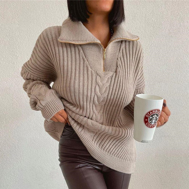 WW V-Sweater | Bequemer Zopfpullover mit V-Ausschnitt, Rollkragen und Reißverschluss