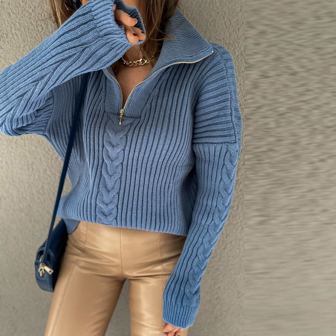 W&W Mode V-Sweater | Bequemer Zopfpullover mit V-Ausschnitt, Rollkragen und Reißverschluss
