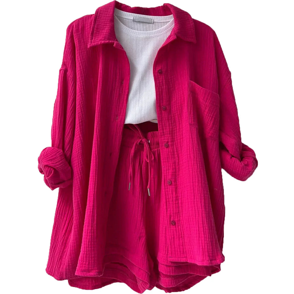 WW | 2 Teiliges Lässiges Nachtwäsche Baumwolle Pyjama für Frauen Umgeschlagenen Kragen Schlaf T-Shirts Set mit Shorts Gas Strickjacke Zuhausekleidung Sommer