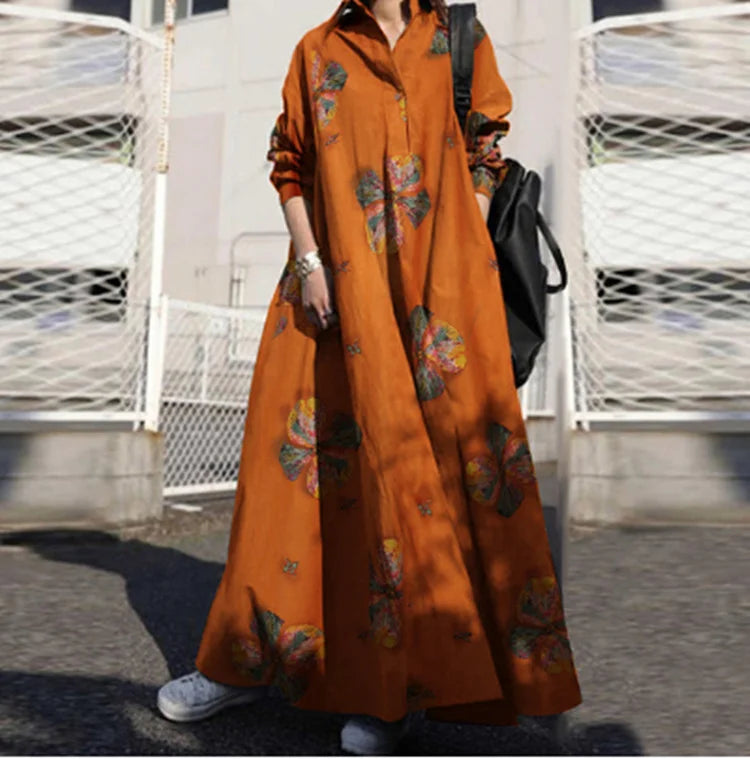 WW | Sommerdruck Baumwoll-Leinen-Mischung Maxikleid -Frühling und Sommer Noella