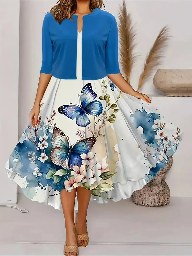 WW | Neu für Den Sommer! Eu Us Herbst Frau 2 Lang Kleid Set Blumen und Graspunkt Crew Neck Kleid mit Chiffon Kurzjacke
