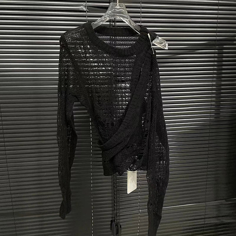 WW | Sommer Neu Pin Fake Zu Delt Strickbluse für Frauen Vielseitig Loch aus Langarm Zu Oberteil Frauen Trendy