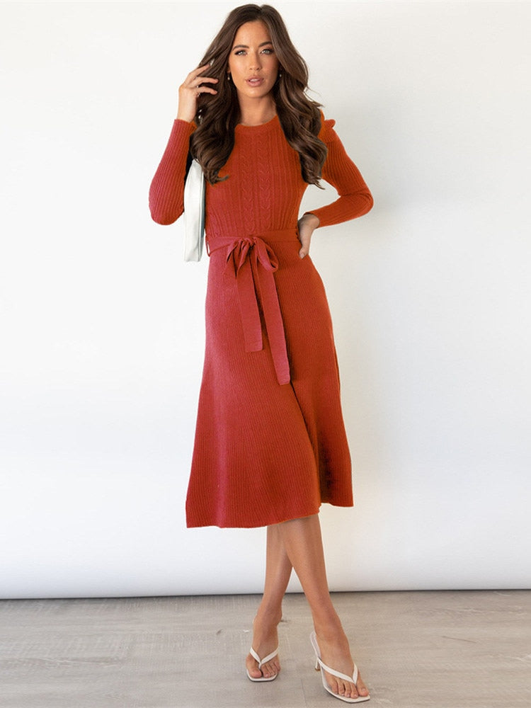 W&W Mode | Elegantes Gestricktes Midi Kleid Mit Gürtel Für Damen