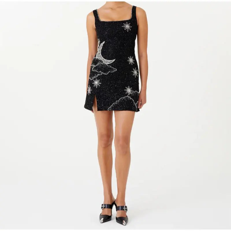 W&W Mode - Celestial Sparkle Minikleid Partykleid mit Mond- und Sternenverzierung