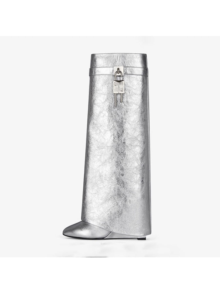 W&W Mode | Damen Kniehoge Stiefel Shark Lock Lange Dicke Sohlen High Heels Stiefel Designer Luxusmarke Damen Lederstiefel