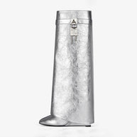 WW | Damen Kniehoge Stiefel Shark Lock Lange Dicke Sohlen High Heels Stiefel Designer Luxusmarke Damen Lederstiefel