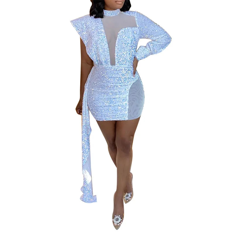 WW | Frauen Pailletten Mini Weiß Kleid Festlich Transparent Hoher Hals Sexy Lange Ärmel Bodycon Kurz Abend Elegant Kleider
