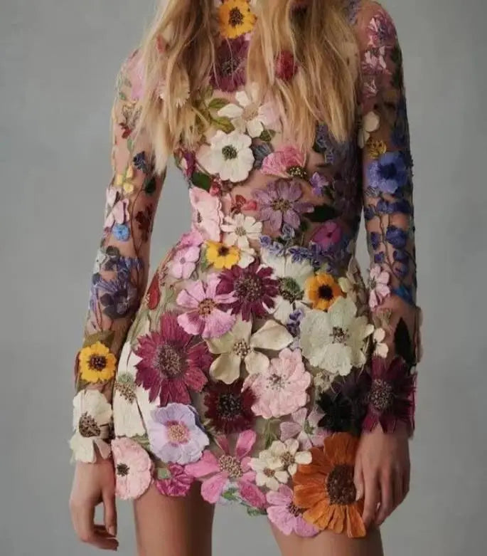 WW | 3d Besticktes Mesh Kleid Mit Blumen Für Damen