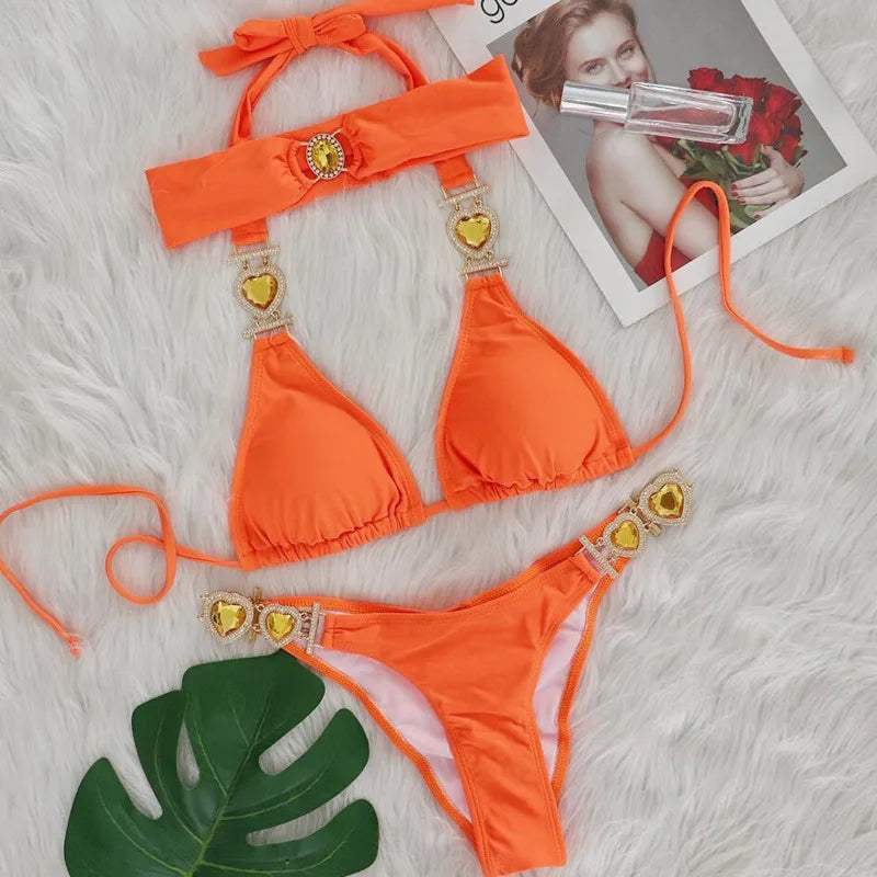WW | Pink Sexy Bikinis Schwimmbekleidung mit Herz Strass Damen Bademode Female Push-Up Bikini Strand Bademode Badeanzüge Pool Badebekleidung