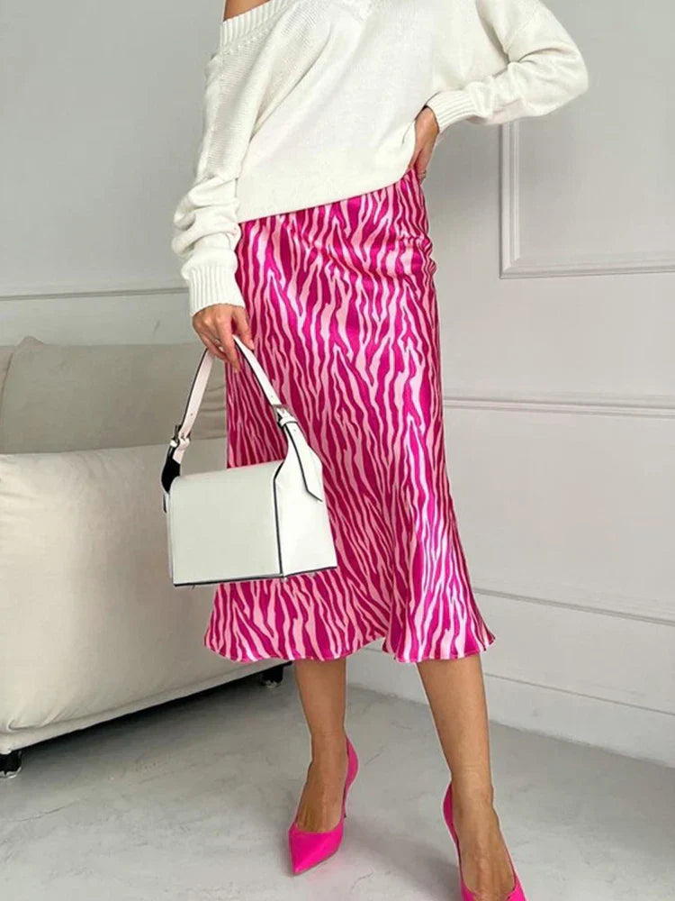 WW | Sommer Herbst Damen Elegant Midi Satin Röcke Gedruckt Hohe Taille Büro Damen Bodycon Bleistift Enger Rock für Damen