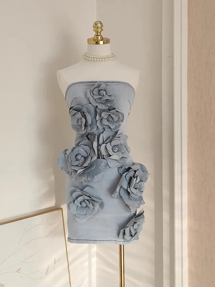 WW | Französisch Elegant Solide 3D Applikationen Blumen Patchwork Schlankmachendes Kleid für Frauen Slash Hals Ärmeloses Tunika Vestidos Damenbekleidung