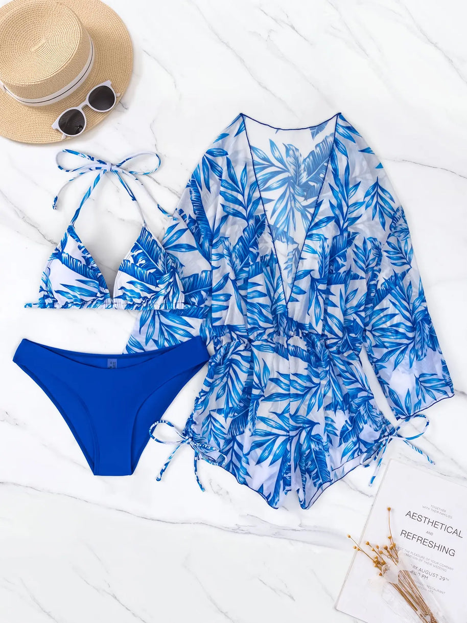 WW | 3 Stück Bikini Tropischer Druck Badebekleidung Halter Schnürseite Badebekleidung Frauen Badeanzug Weiblich Schwimmen Sommer Strandbekleidung