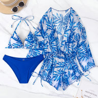 WW | 3 Stück Bikini Tropischer Druck Badebekleidung Halter Schnürseite Badebekleidung Frauen Badeanzug Weiblich Schwimmen Sommer Strandbekleidung