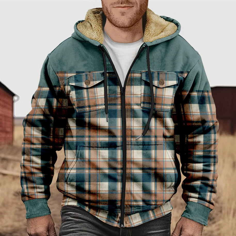 WW | Herren Fleecegefüttertes Flanellhemd – Kariert, mit Kapuze und Knopfleiste