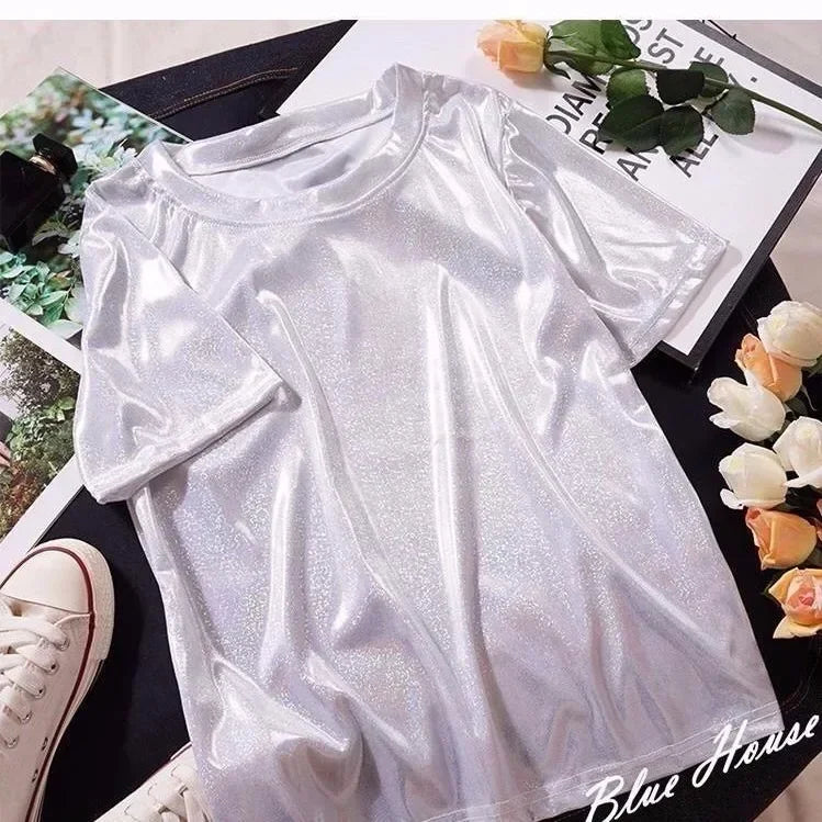 WW | S 5Xl Damen Funkelnd Shiny Metallisch Holografisch Rundhals Kurzarm Lässig Lose Top Festival Party T-Shirt Damenbekleidung