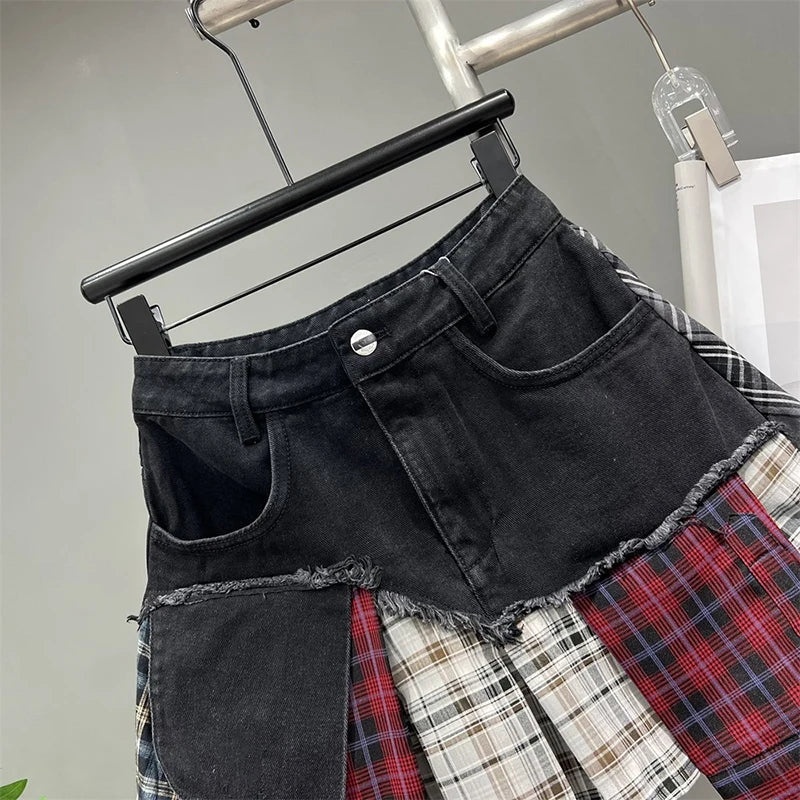 WW | Jahrgang Unregelmäßig Patchwork Kariert Röcke Denim Kurz für Frauen Hohe Taille Eingewickelt Hüfte Mini Rock Sommer Weiblich