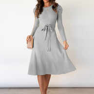 WW | Elegantes Gestricktes Midi Kleid Mit Gürtel Für Damen