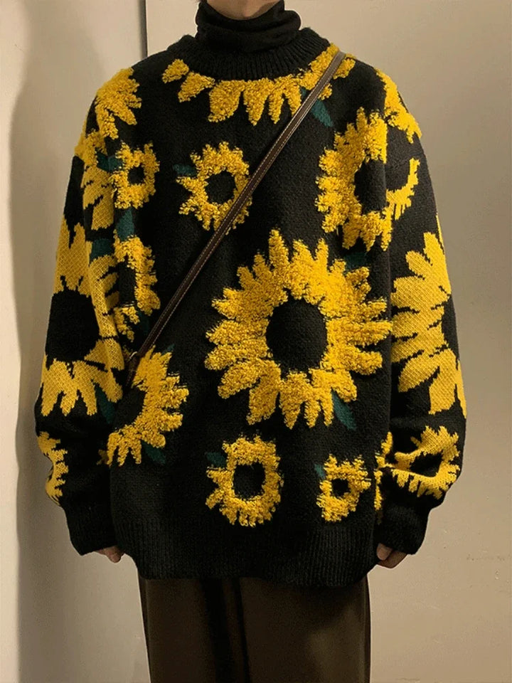 Herren-Strickjacke mit lockerer Passform und Blumenmotiv