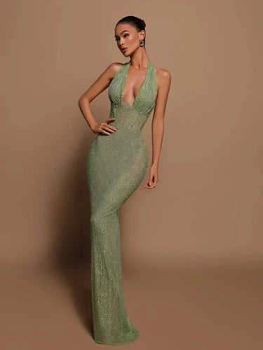 Damen Maxikleid mit fließendem Stoff und V-Ausschnitt