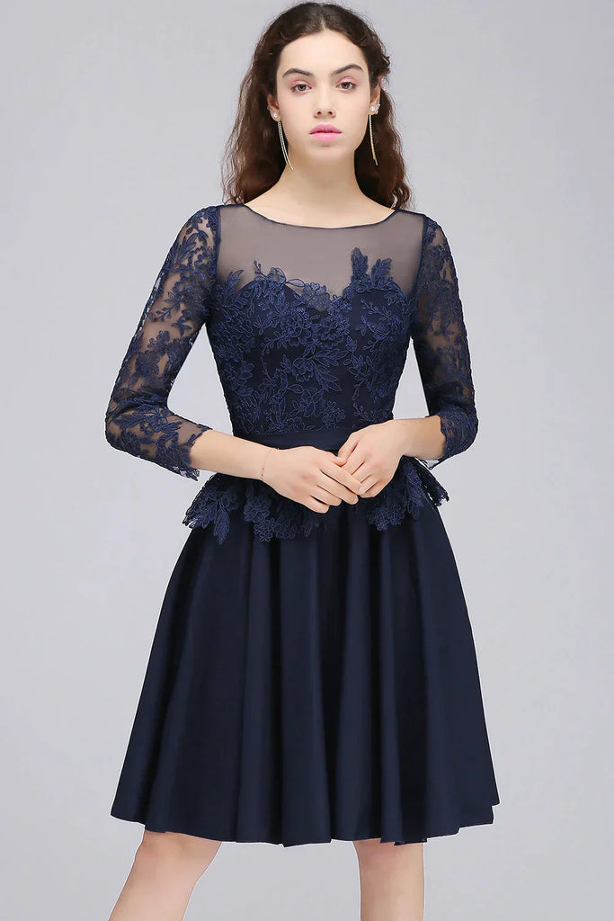 WW | A-Linie Scoop Lange Ärmel Spitze Heimkehrkleid Chiffon A-Linie Rock Kurz Knie-Länge Formal Festkleid Prom